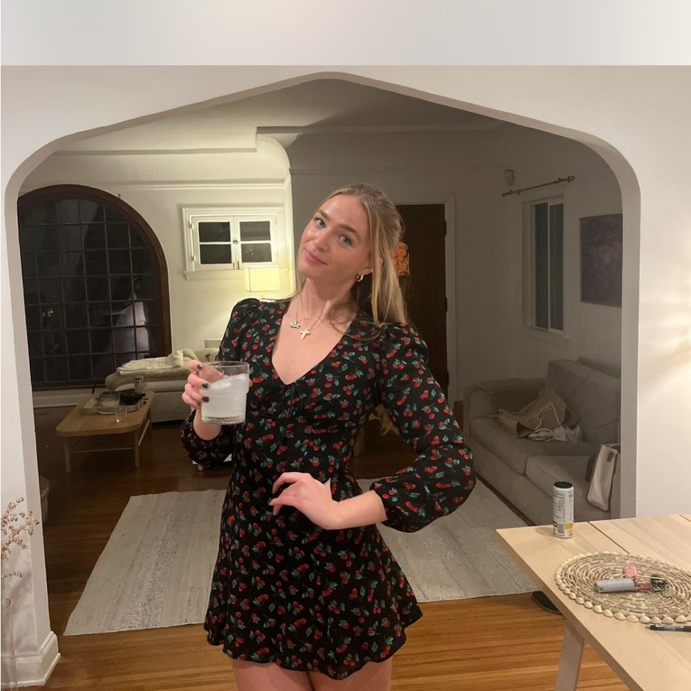 Reformation Black Mini Dress with Red Floral Pattern